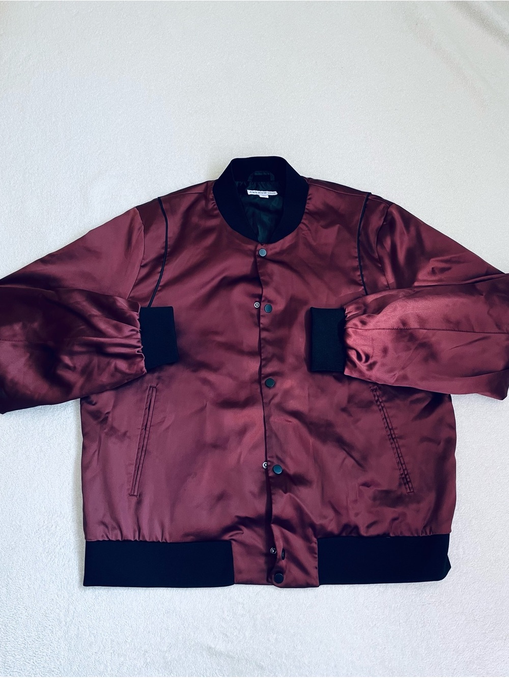 And Mow This, Satin Bomber Jacket in Burgundy with Black Trim, Size XL